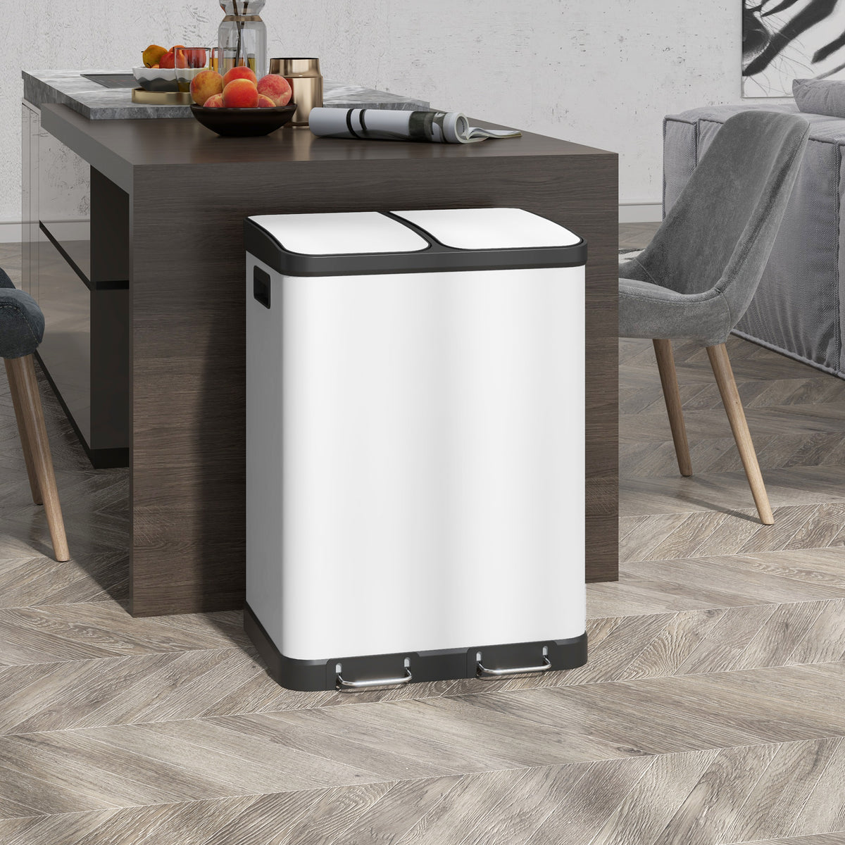 Afvalemmer met dubbel vak, 2 x 30L, vingerafdrukbestendig, pedaal, uitneembare binnenemmers, grijs (2)