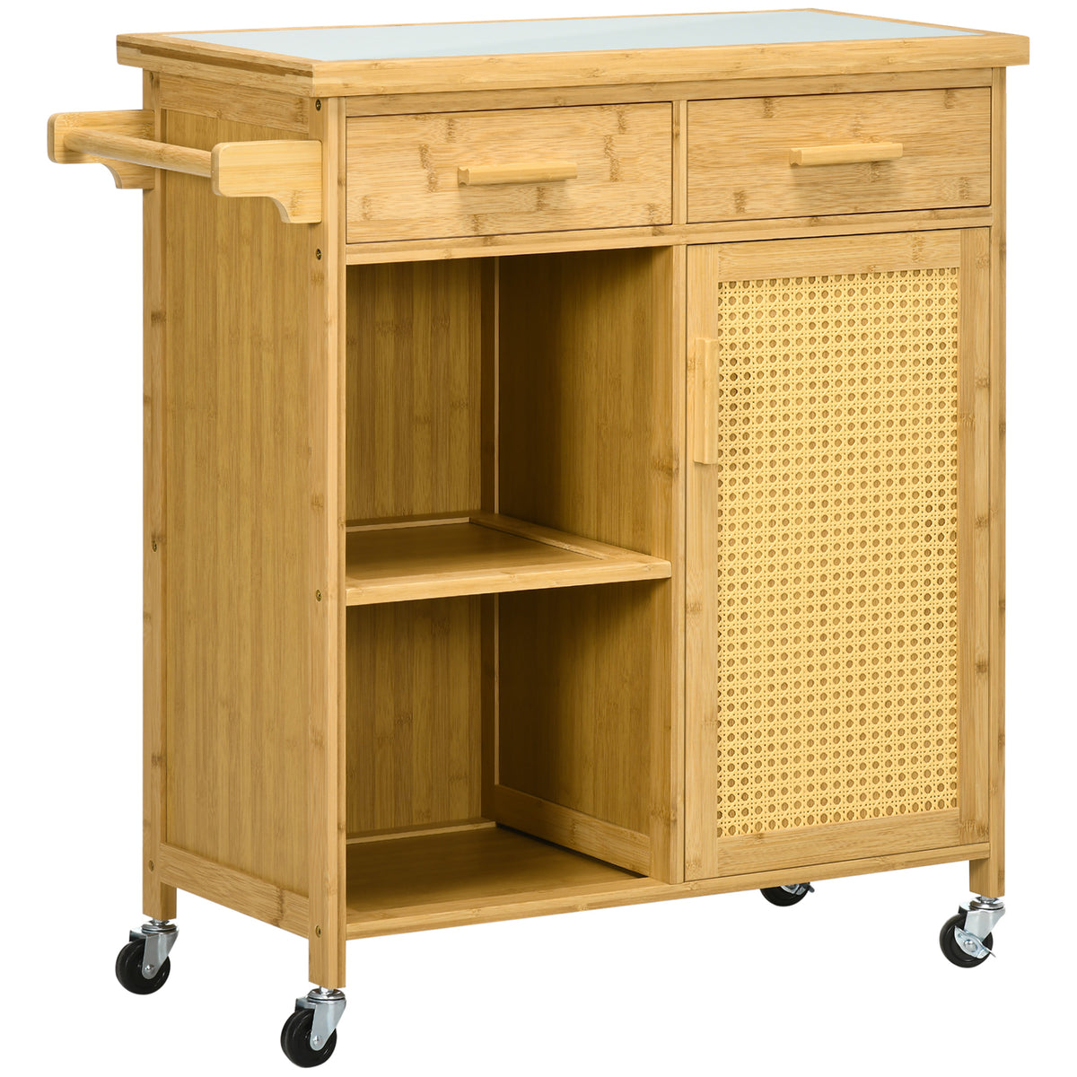 Bamboe keukentrolley, multifunctionele trolley, serveerwagen, 2 lades, 1 kast, 2 planken, natuur