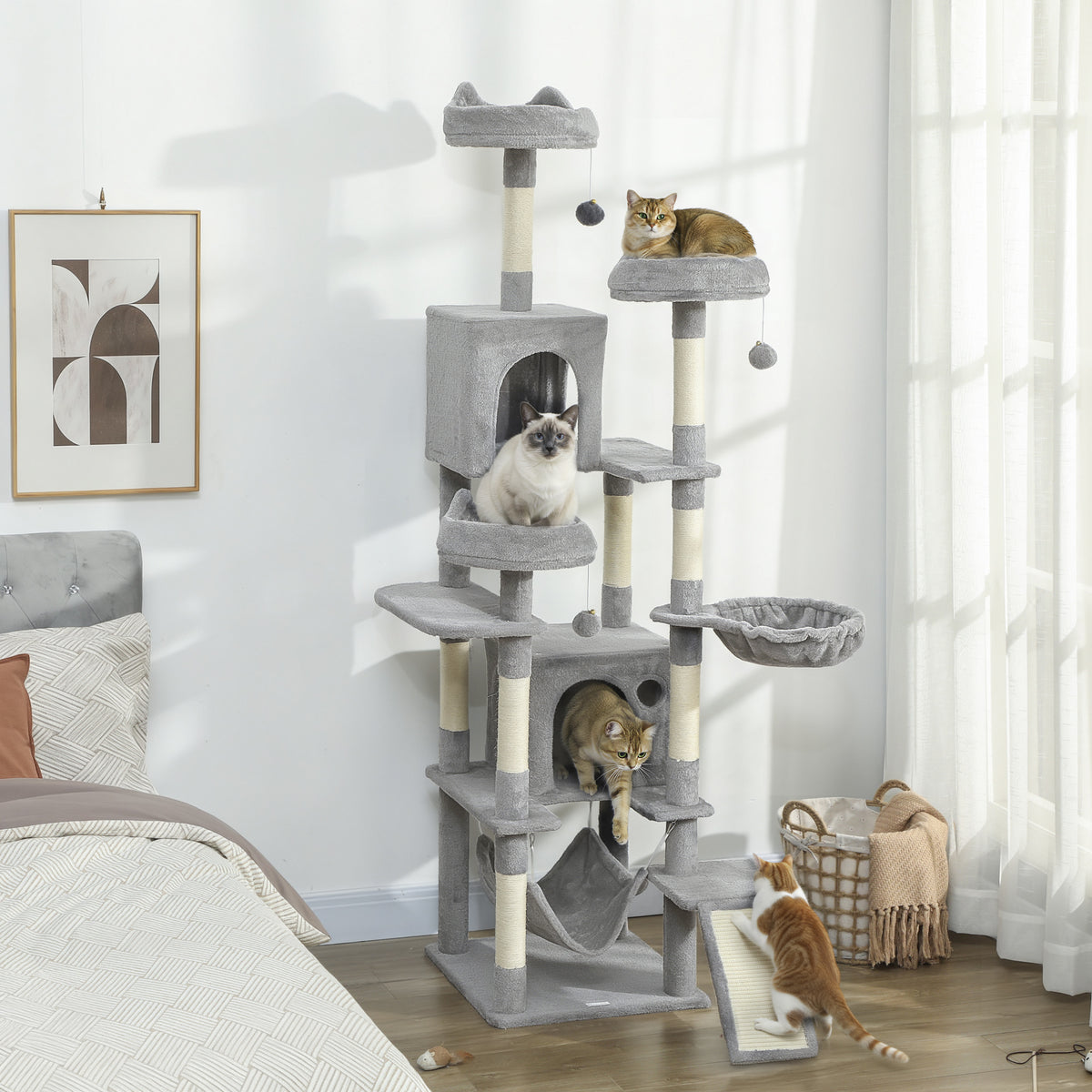 Krabpaal 192 cm kattentoren met grot, sisalstammen, groot platform, hangmatten en loopplank voor 2-3 katten (2)