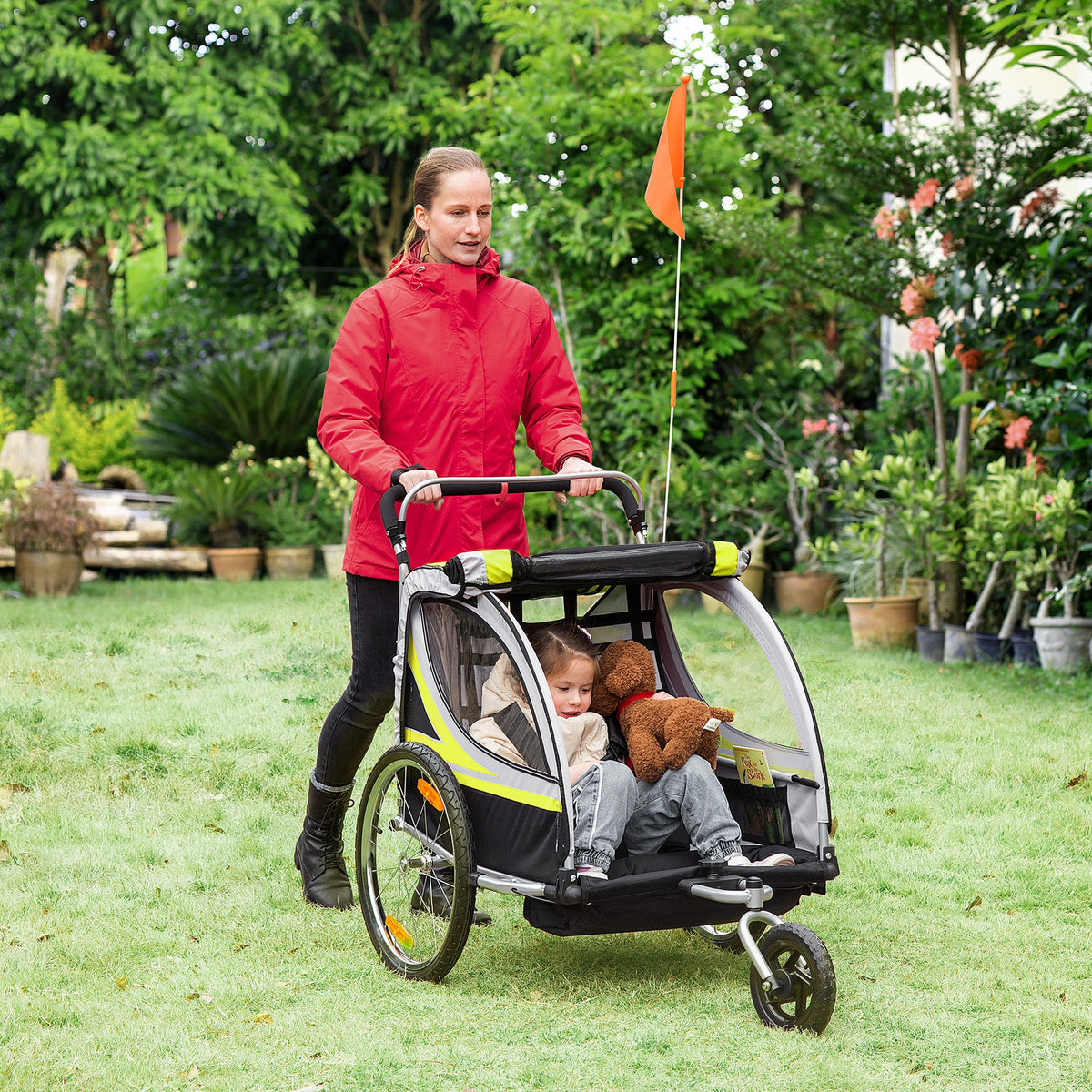 2-in-1 fietsaanhanger voor 2 kinderen, duwfunctie, regenhoes, rem, geel (2)