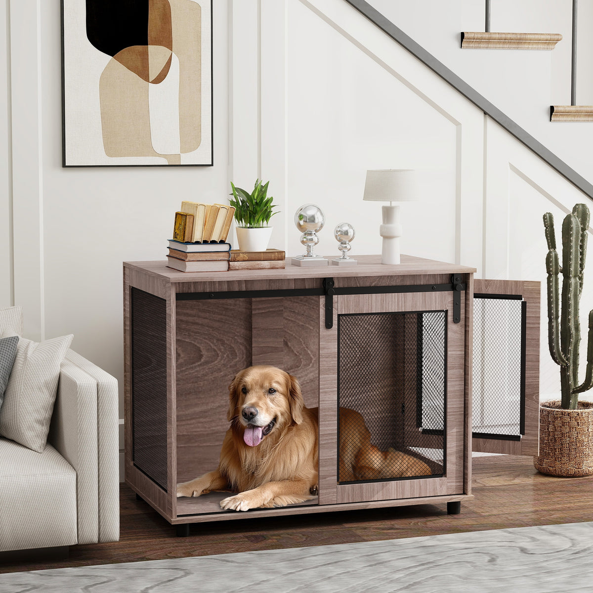 Hondenbench, transportbox voor honden, rustkooi voor huisdieren, afsluitbare deuren, 98 x 60 x 78 cm, lichtbruin (2)