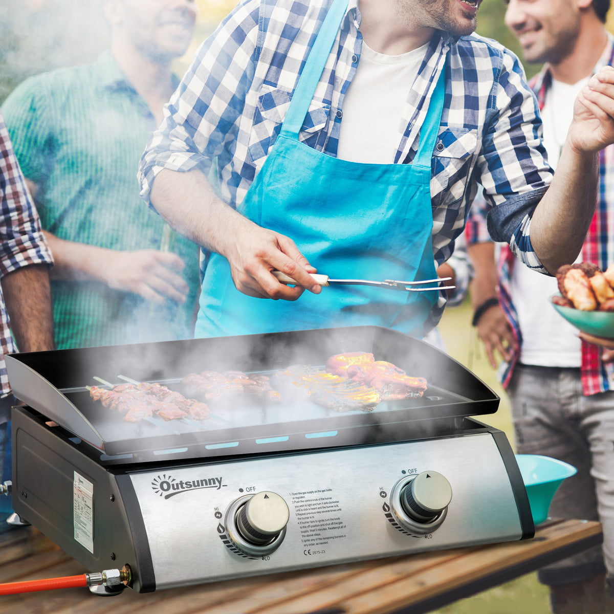 Gasbarbecue met 2 branders, slang, antiaanbakplaat, roestvrij staal, kleur: zilver, 48,5 x 48 x 21 cm (2)