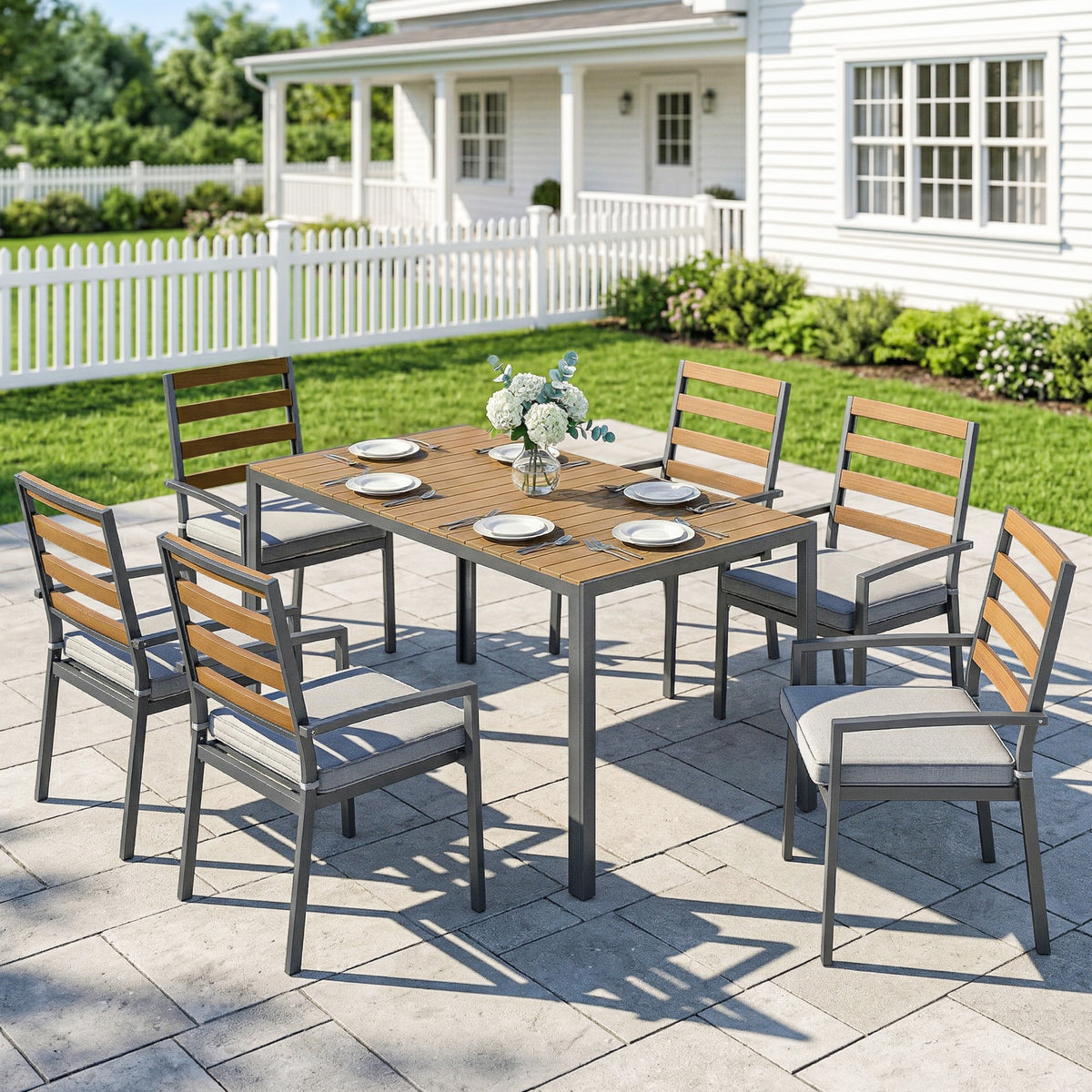 Tuinset voor 6 personen, tuinmeubelset met 1 eettafel, 6 stoelen, kussens voor terras, natuurhout (2)