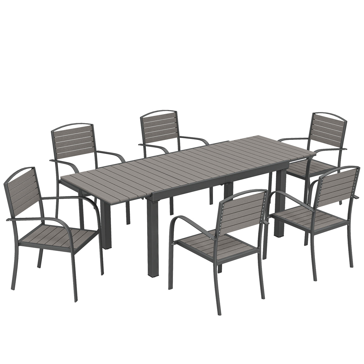 Tuineetgroep, 6 personen, 7-delig, uitschuifbare tafel met 6 stoelen, houtlook, weerbestendig, aluminium frame