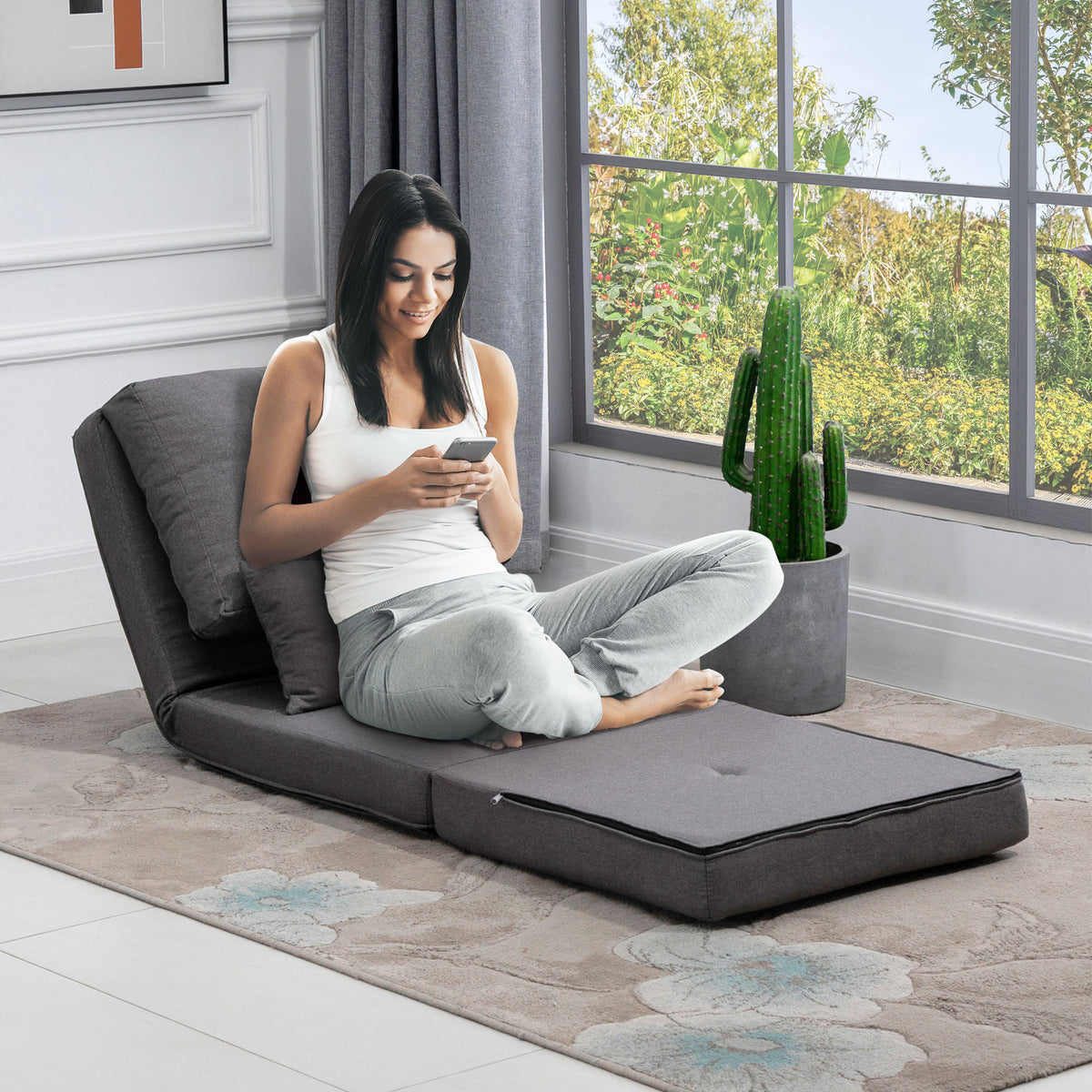 Vloerstoel opvouwbare matras slaapmat, 2-in-1-ontwerp, afneembaar kussen, 60 x 80 x 56 cm, donkergrijs (2)