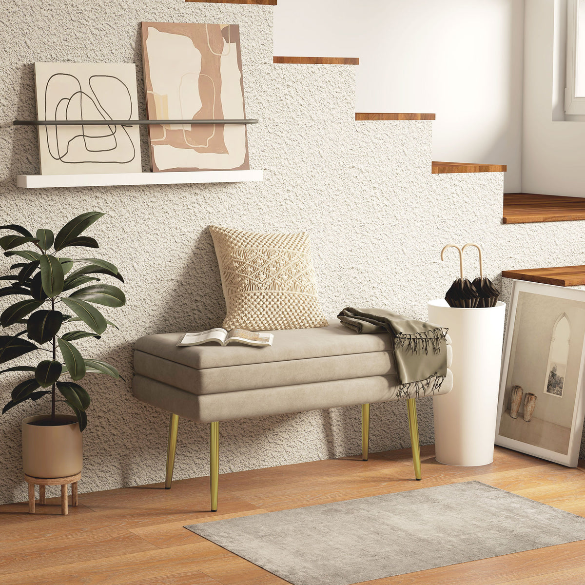 Gestoffeerde bank, met opbergruimte, staal, 79,5 cm x 37,5 cm x 43 cm, beige (2)