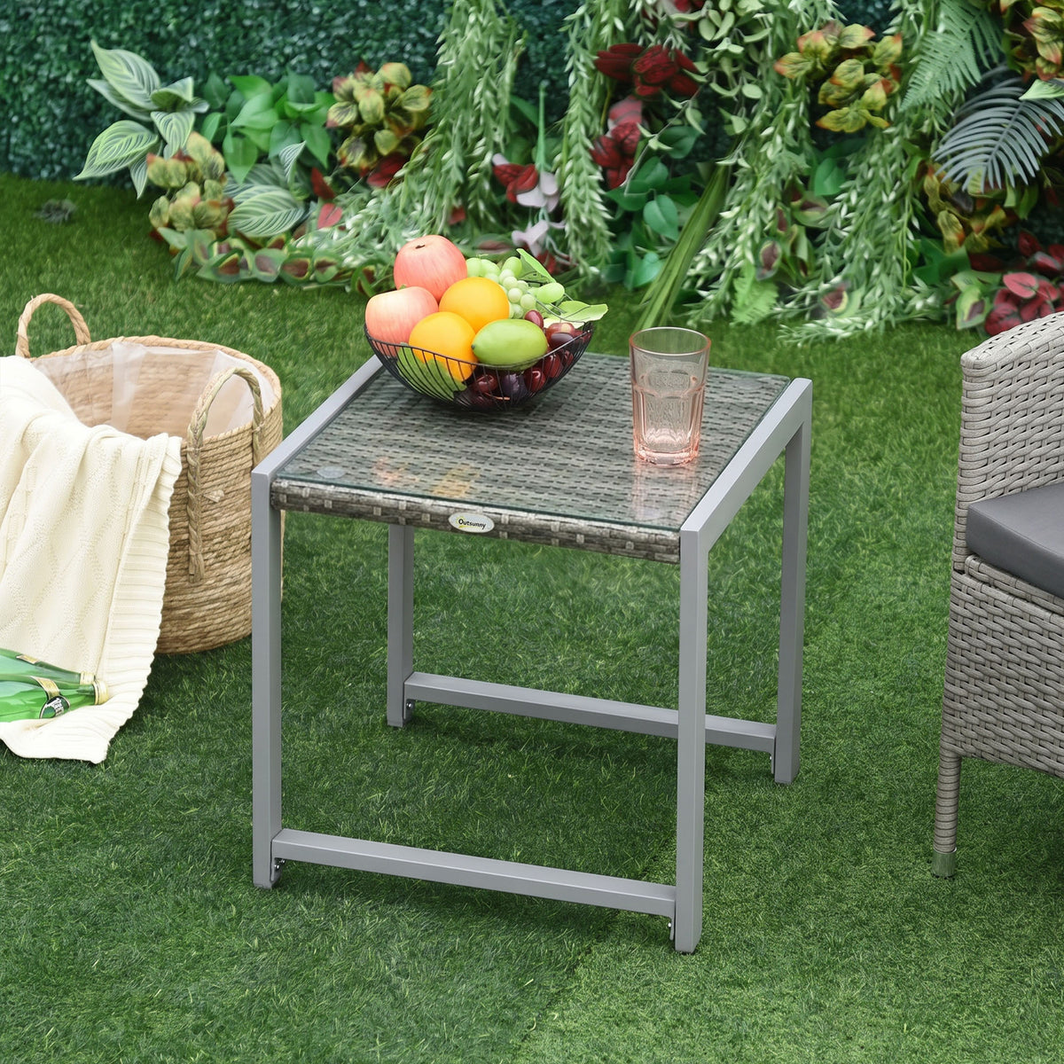 Tuintafel tuin bijzettafel tafel tuinmeubels met gehard glas polyrotan + aluminium grijs 50 x 49,5 x 50 cm (2)