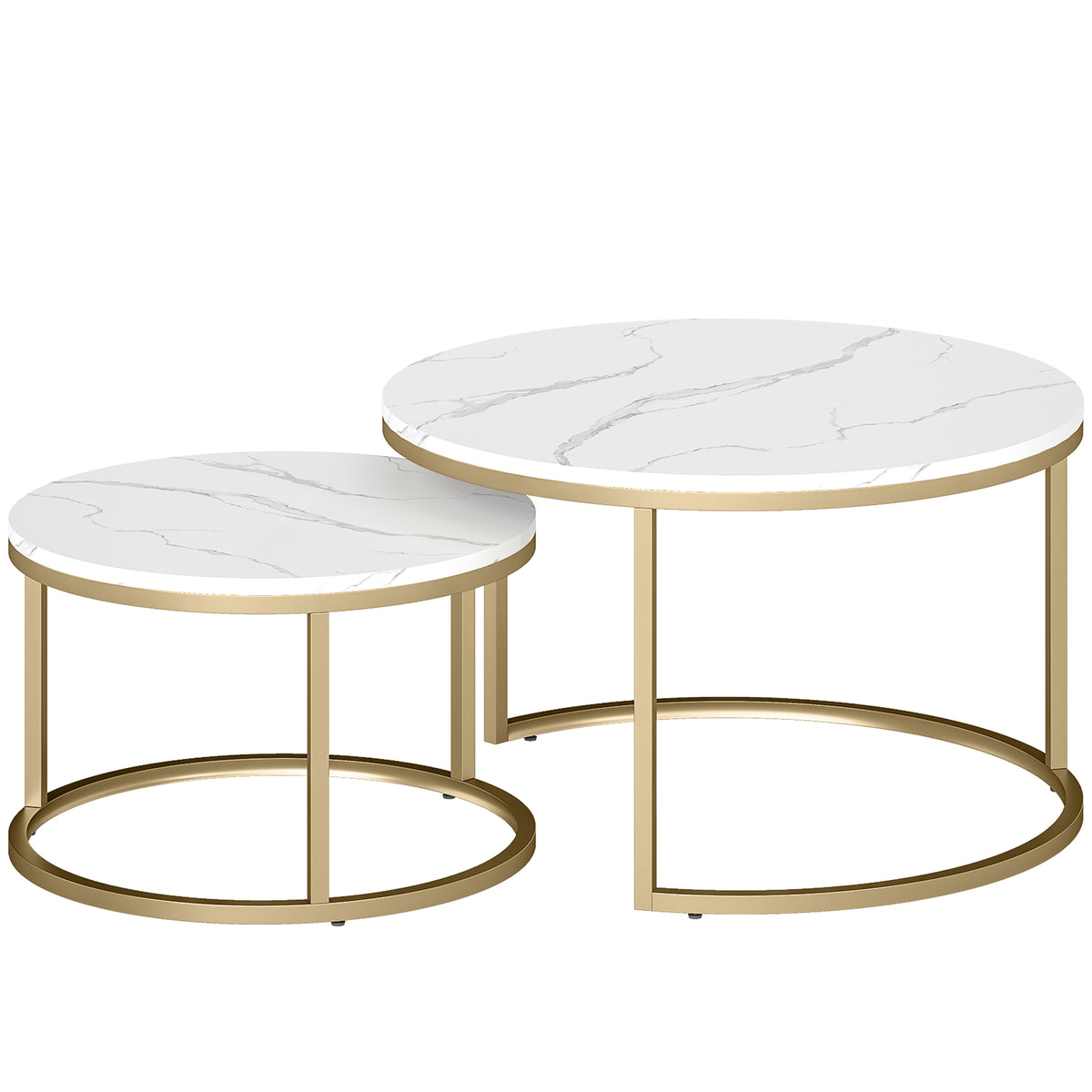 Set van 2 ronde salontafels, stapelbare bijzettafels met metalen frame, woonkamertafel in marmerlook