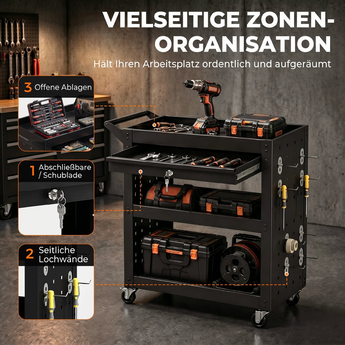 Gereedschapswagen met vergrendelbare wielen, rijdende werkplaatswagen met 3 niveaus, lade en geperforeerde (5)