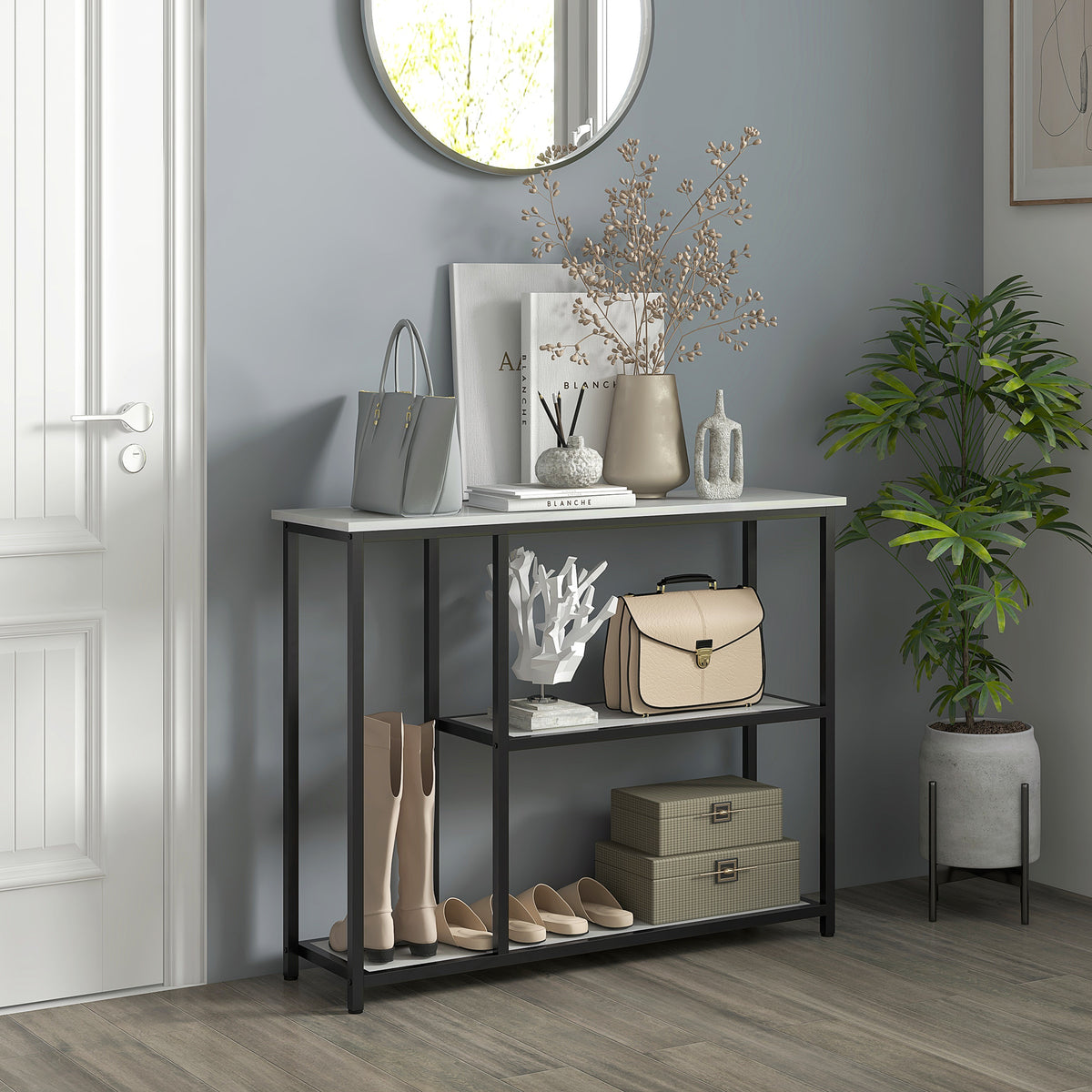 Sidetable in industrieel design, 2 planken, marmerlook, zwart + wit (2)