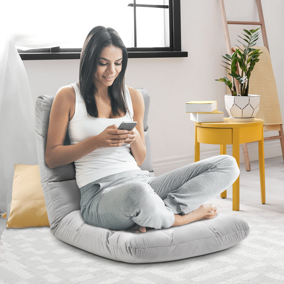 Vouwbare vloerstoel, vloerzetel met ligfunctie en verstelbare rugleuning, gestoffeerde relaxfauteuil voor (2)