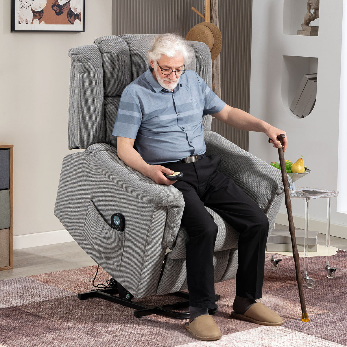 Sta-op-fauteuil, massagestoel met warmtefunctie, gestoffeerde fauteuil met voetensteun, zijvak, stoffen (2)