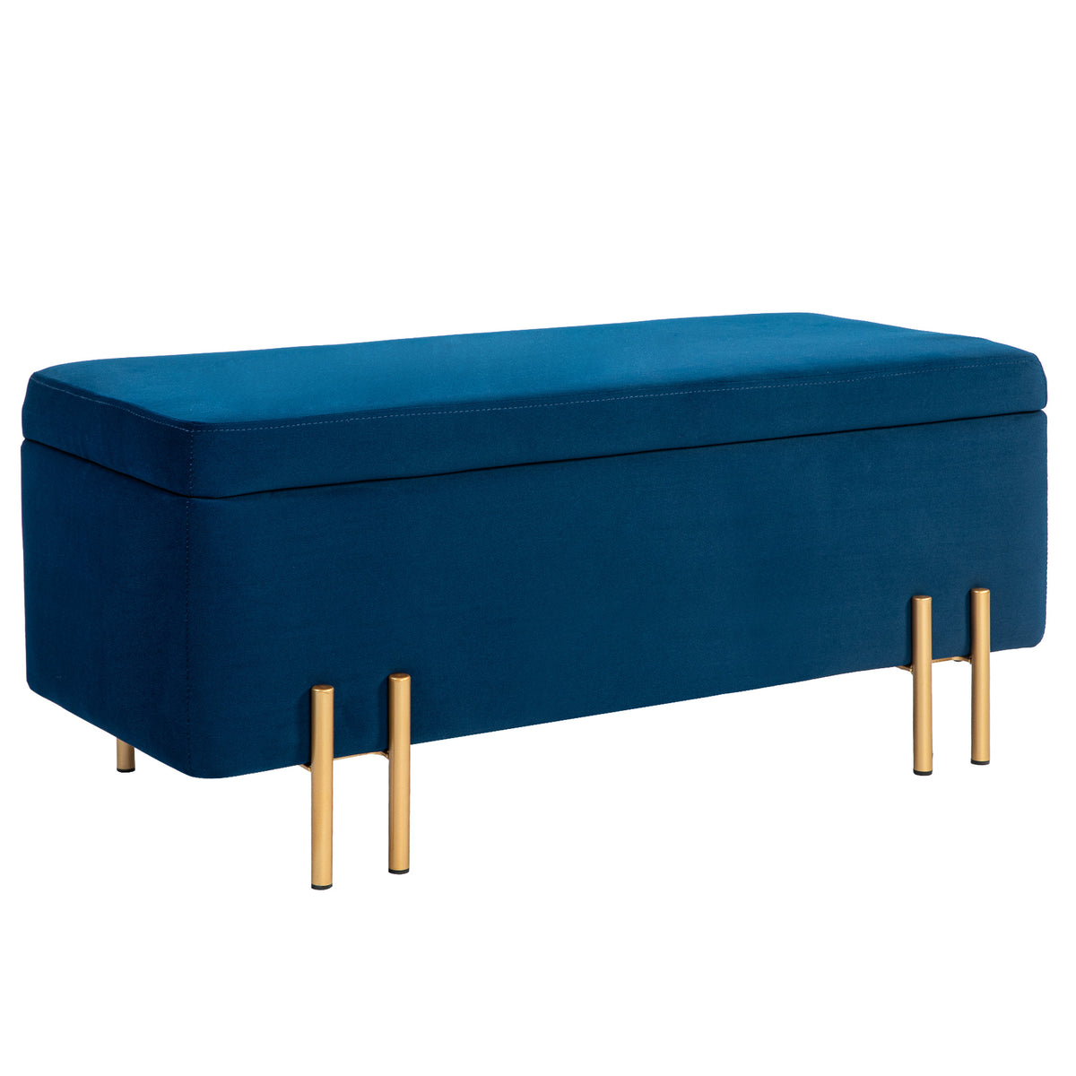 Bank, gestoffeerde bank met opbergruimte, metaal, rubberhout, schuimstof, 100 x 40 x 42 cm, donkerblauw