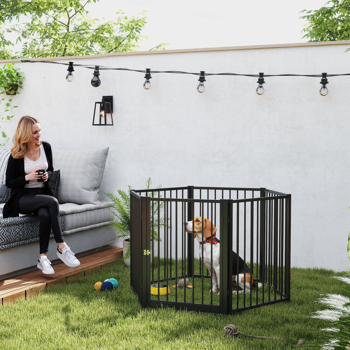 Puppenren, hondenren, puppyren, 6 panelen met deur, opvouwbare en draagbare hondenomheining, staal, zwart (2)