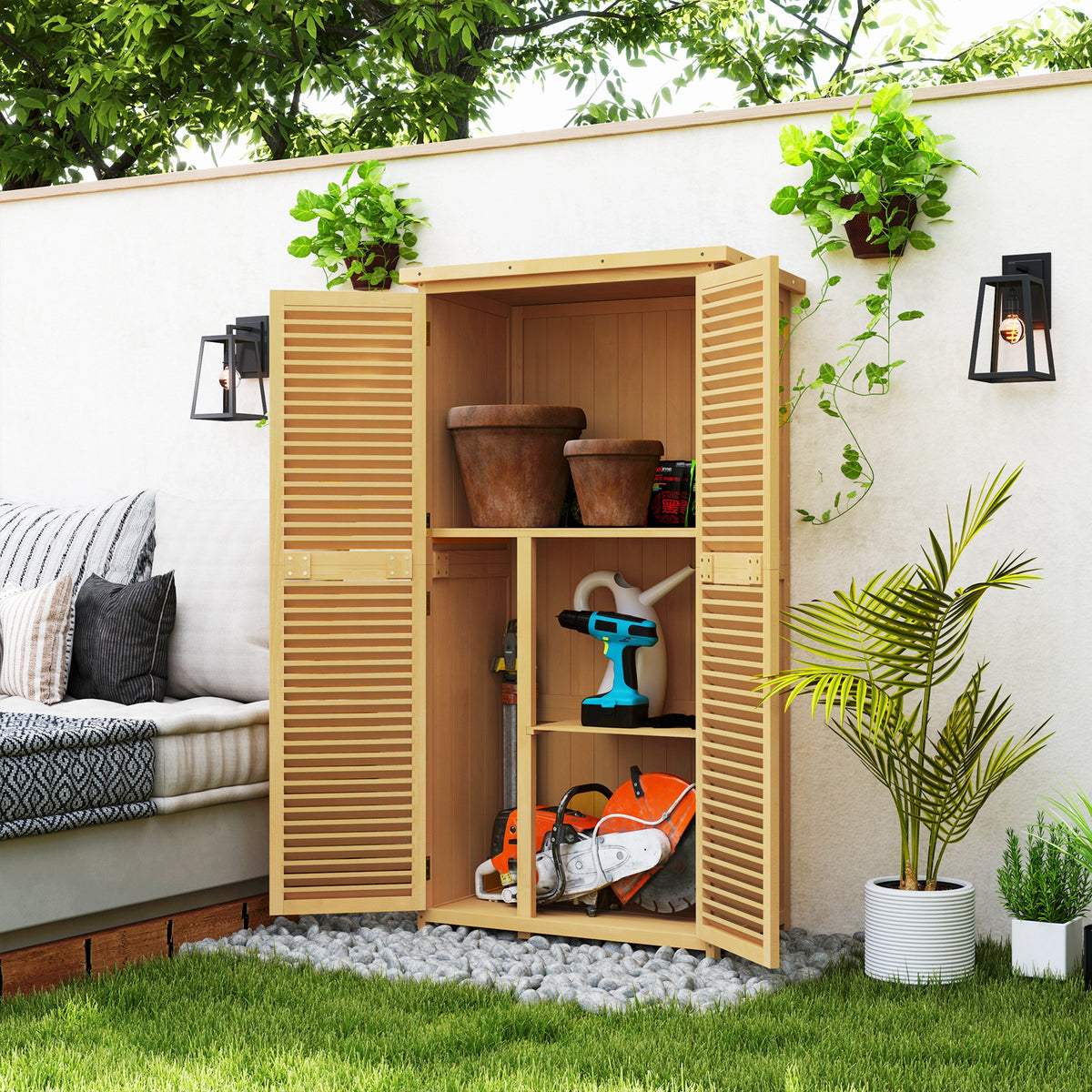 Tuinkast weerbestendig, 2 deuren met slot, grenenhout, 87L x 46,5B x 160H cm, lichtgeel (2)