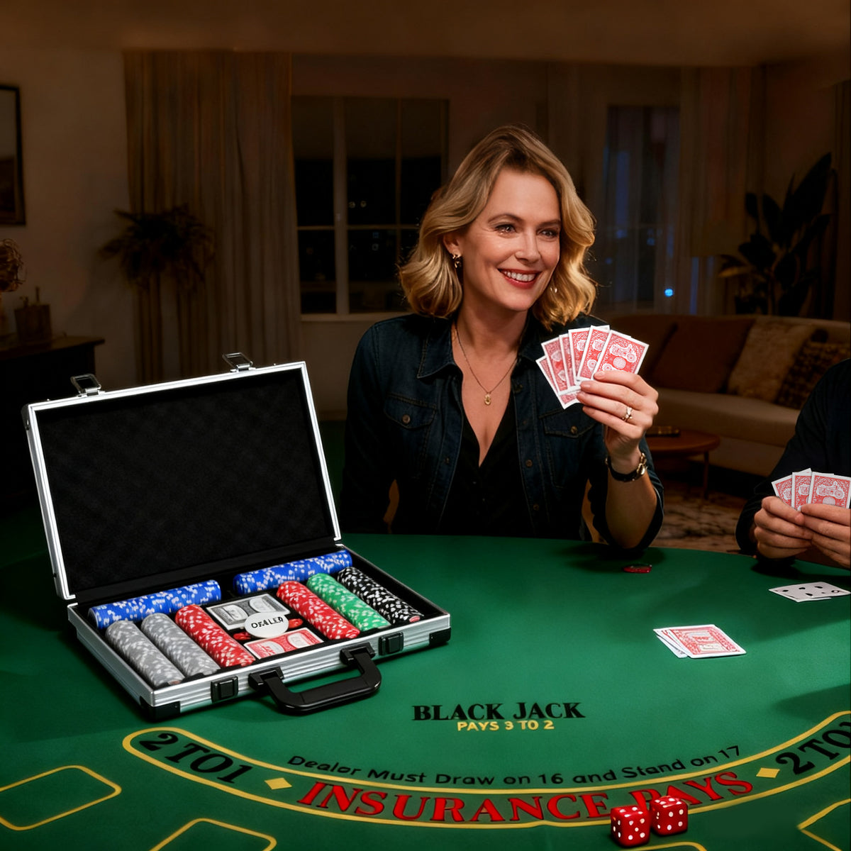 Pokerset, pokerkoffer, 400 fiches, 2 kaartspellen, 5 dobbelstenen, dealerbutton, speelmat (2)
