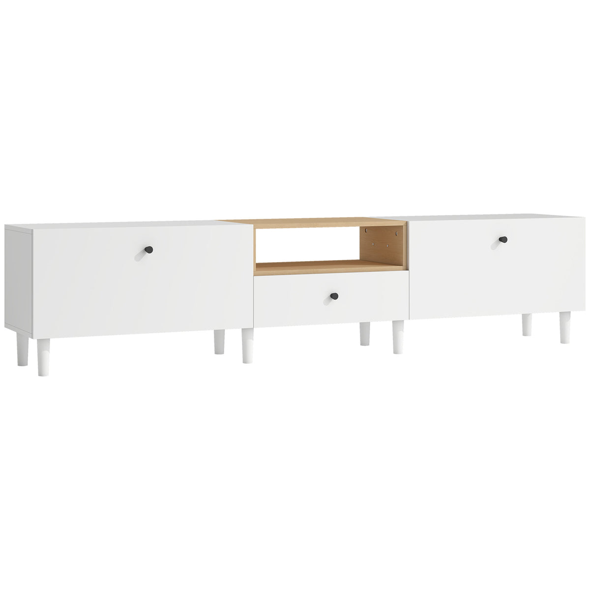 200 cm tv-meubel voor tv's tot 90 inch, 2 klepvakken, open vak, lade, 8 poten, spaanplaat, wit