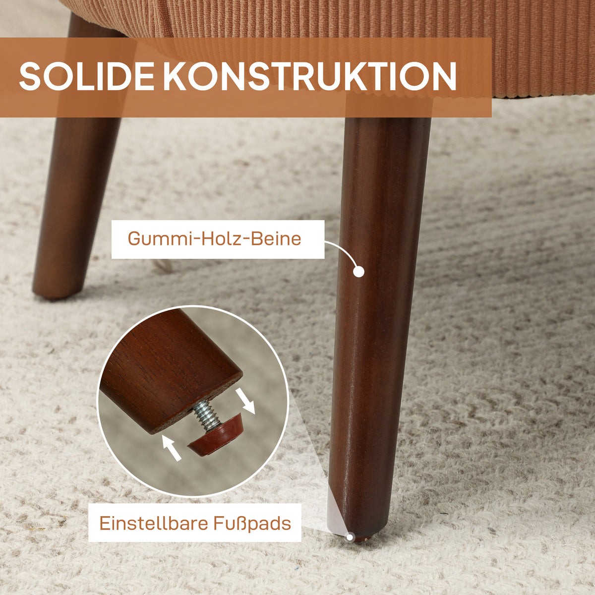 Moderne fauteuil, gestoffeerde accentstoel met lendenkussen, poten van rubberhout, oranje (7)