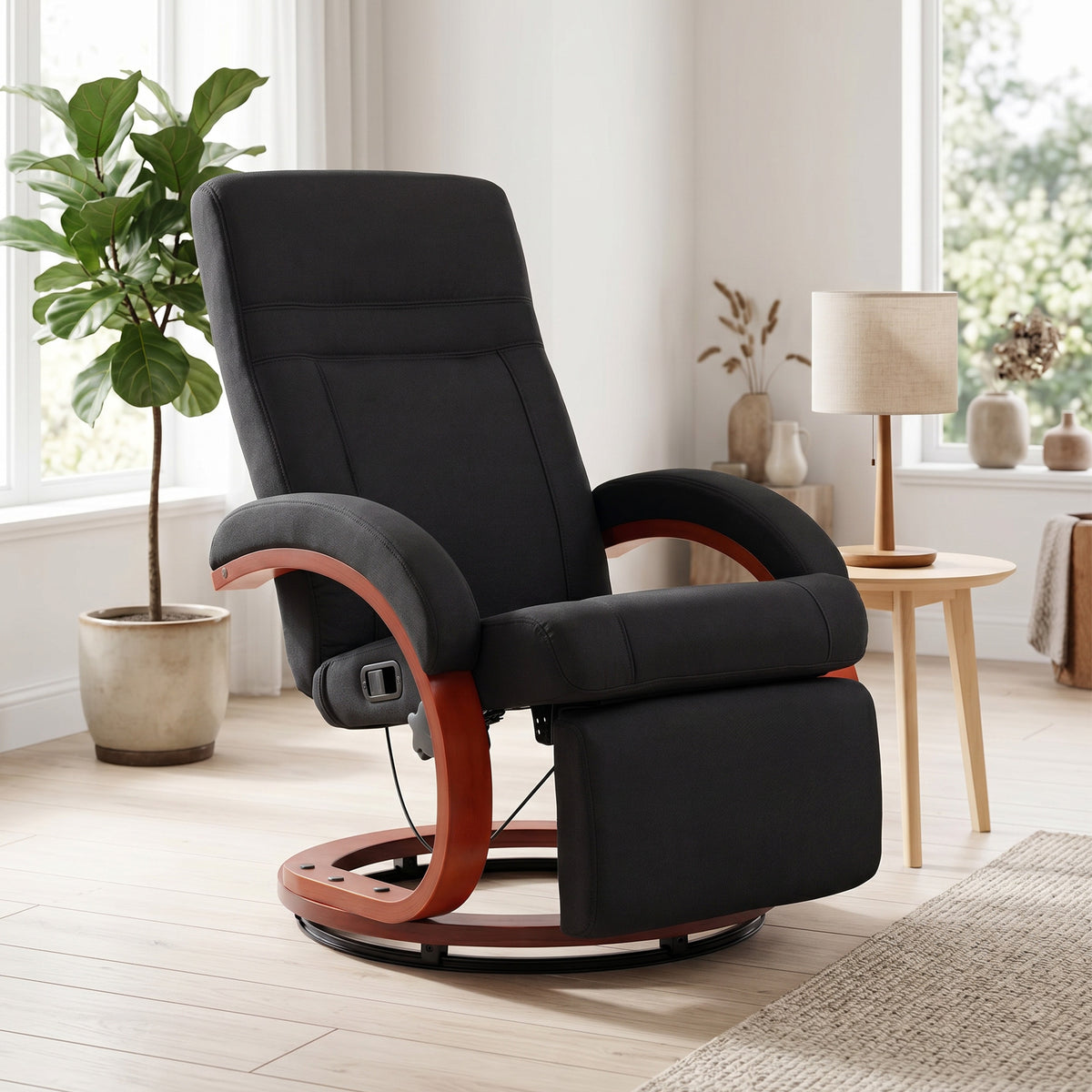 Relaxfauteuil met ligfunctie, tv-fauteuil met hoge rugleuning, ergonomische armleuning, voetensteun, houten voet (2)