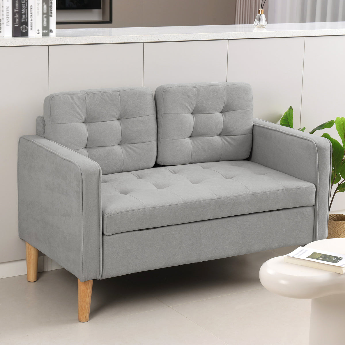 Tweezitsbank met opbergruimte, knoopafwerking, kussens, rubberhout, 117x62x78cm, lichtgrijs (2)