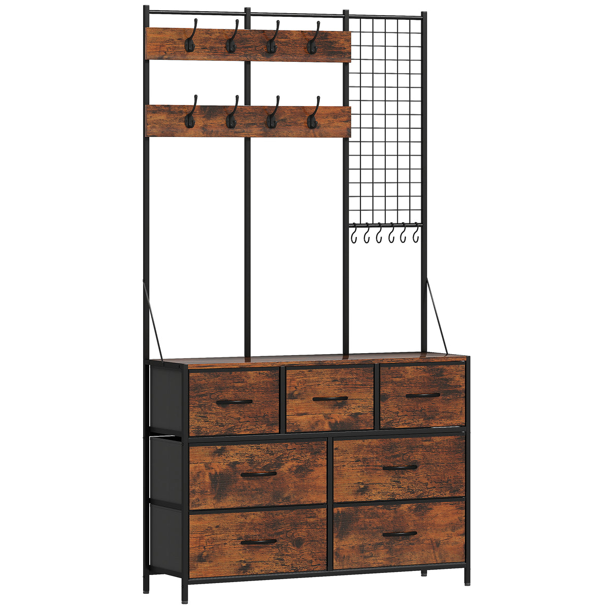 Kapstok, kledingrek met stoffen lade, 14 haken voor hal, slaapkamer, rustiek bruin, hoogte 183 cm