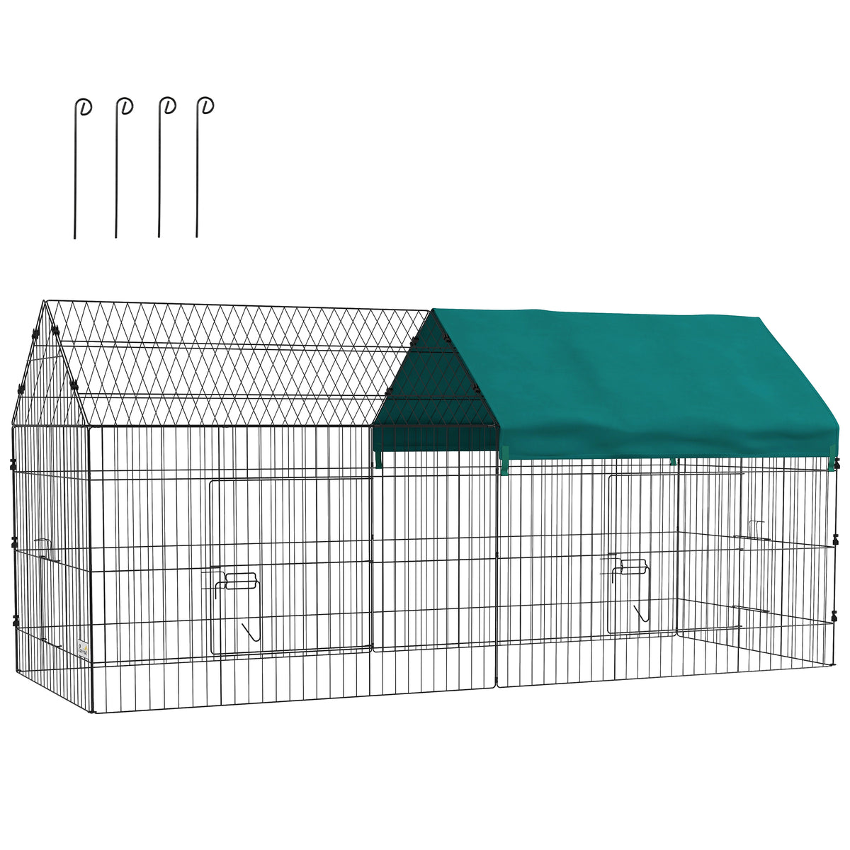 Kleine dierenren met dak, 4 deuren, weerbestendig, staal/polyester, 220x85x103cm, groen/zwart