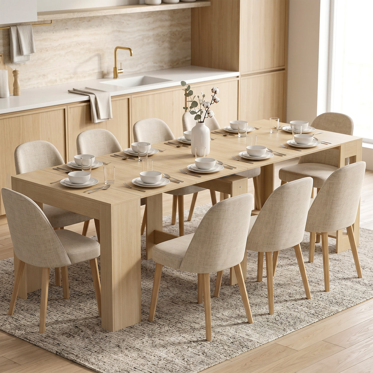 Uitschuifbare eettafel voor kleine ruimtes, omvormbaar tot console, zitplaatsen voor 10 personen, houtlook (2)