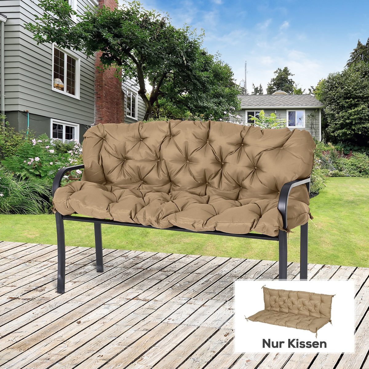 3-zits bankkussen 150x98x8 cm, bankkussen met linten, bankkussen voor tuinmeubelen, schommelbank, kaki (2)