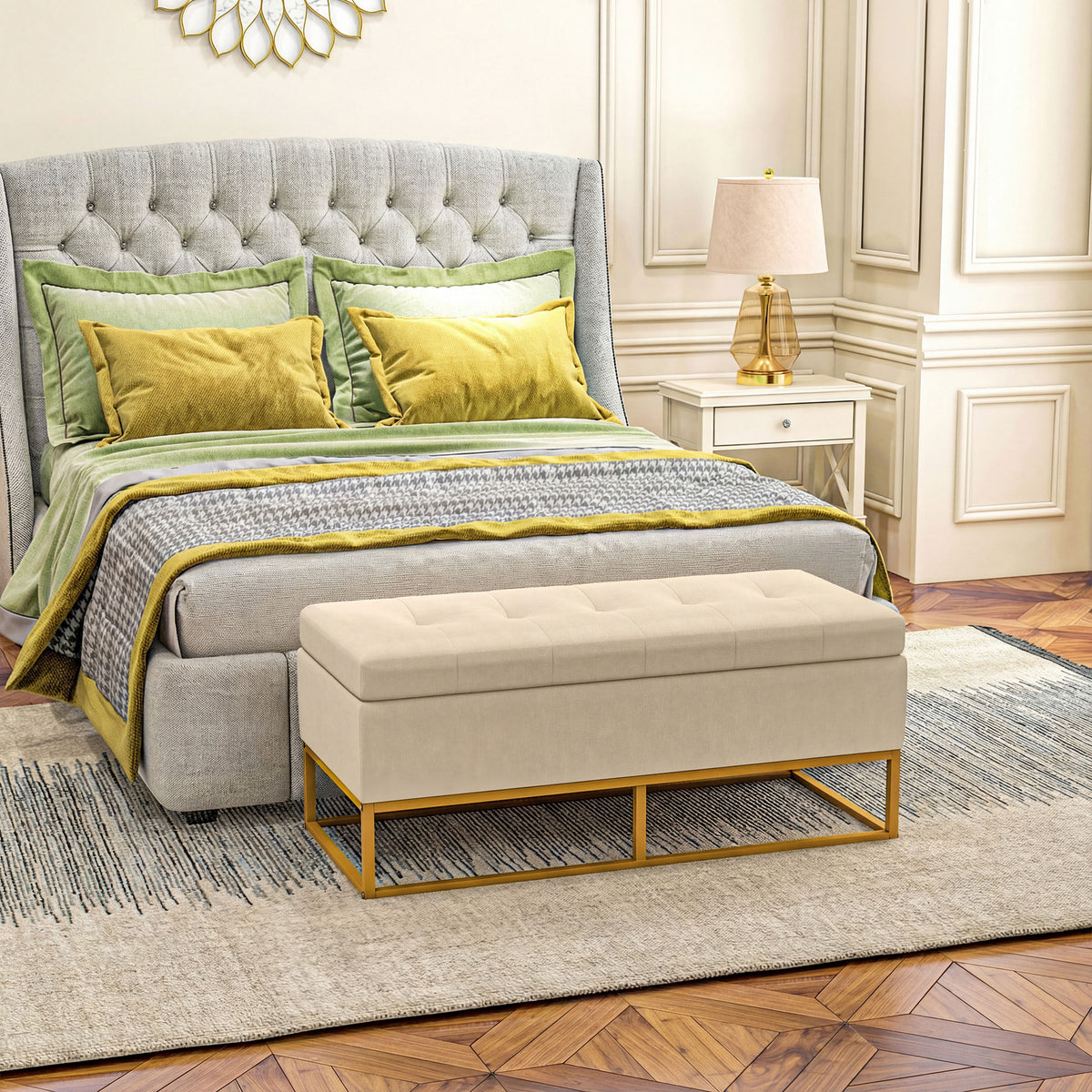 Opbergbank, decoratieve knoopstoffering, flanel-look, goudkleurige stalen poten, 110 x 47 x 46,5 cm (2)