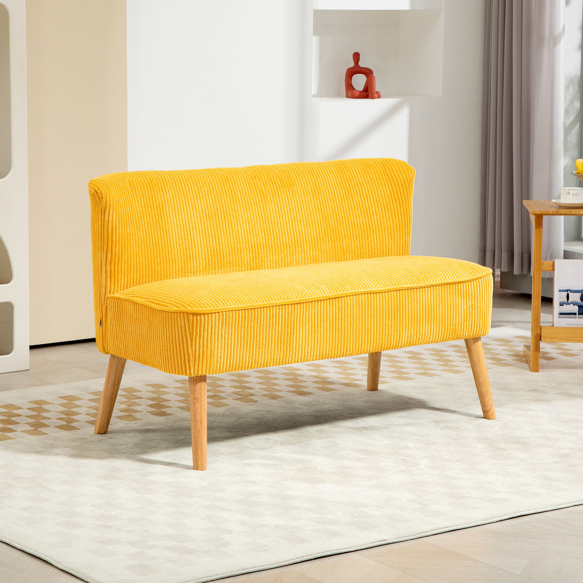 Tweezitsbank, elegant Scandinavisch design, massief houten frame, tot 150 kg, 117 x 56,5 x 77 cm, geel (2)