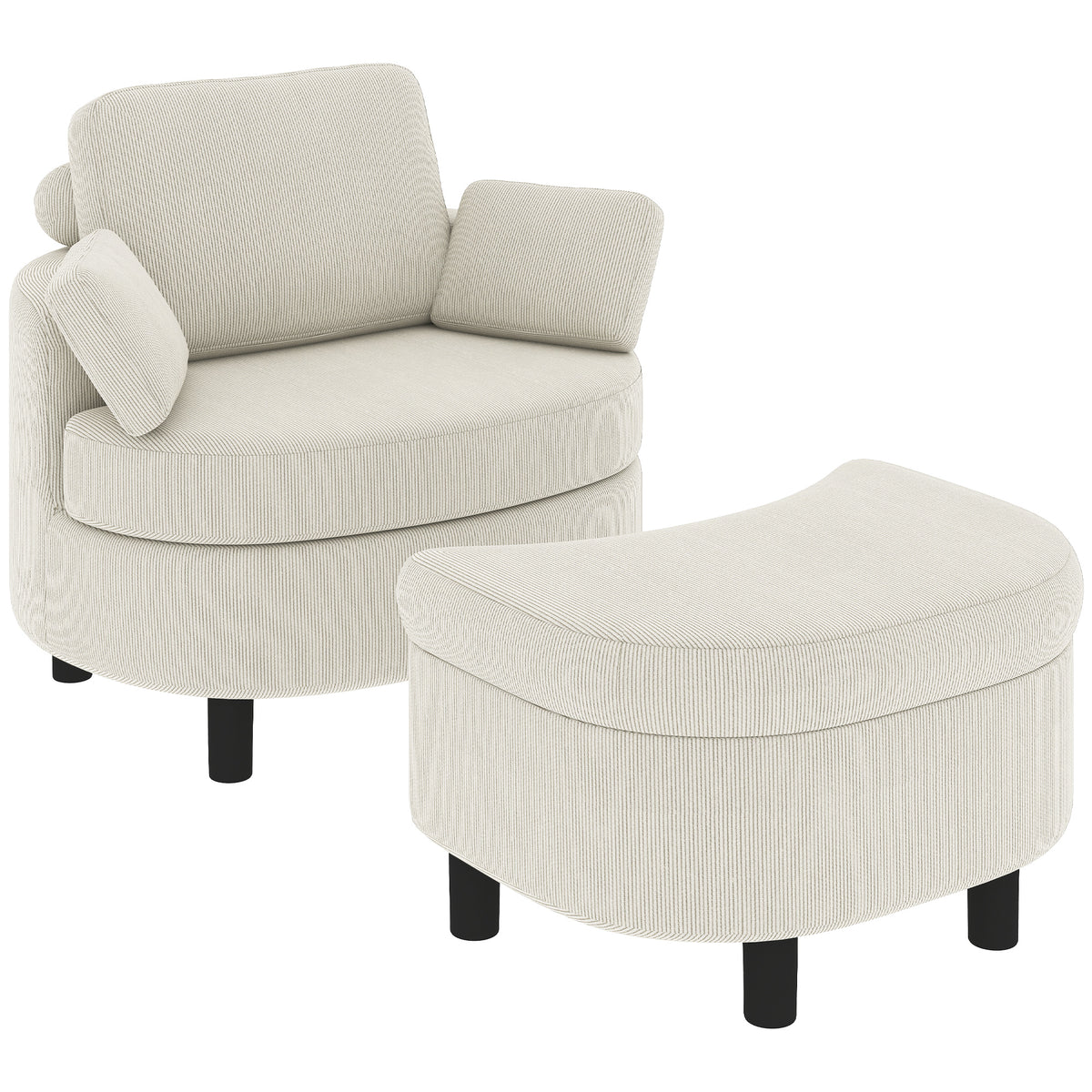 Fauteuil met opberghocker, corduroy bekleding, ronde leesstoel met verstelbare hoofdsteun, brede zitting