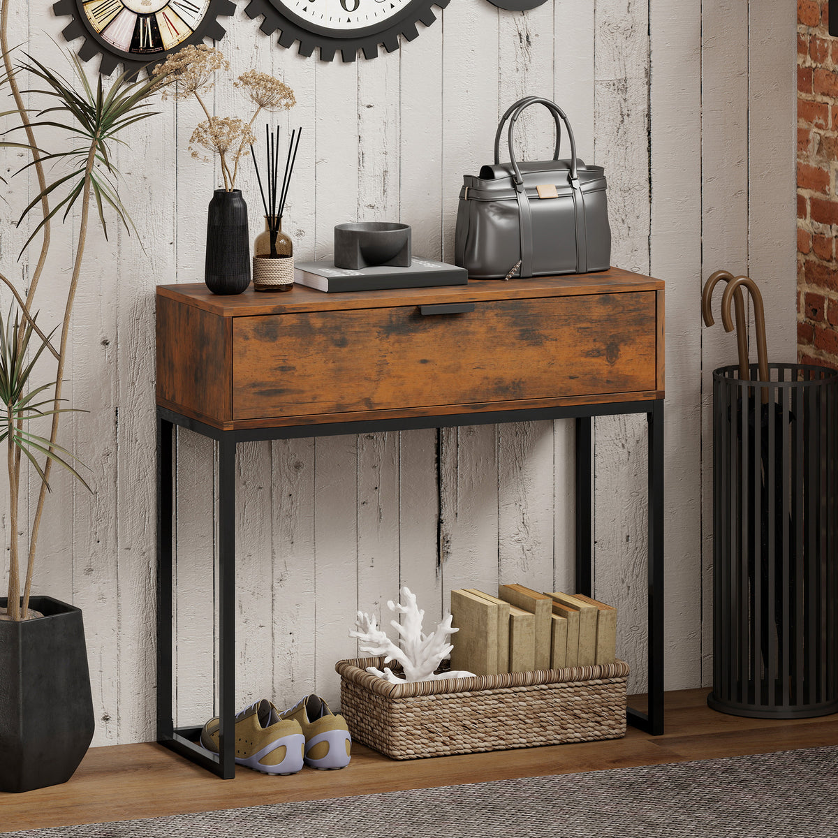 Sidetable haltafel met lade, industrieel design, gang woonkamer, 80x30x76 cm, zwart (2)