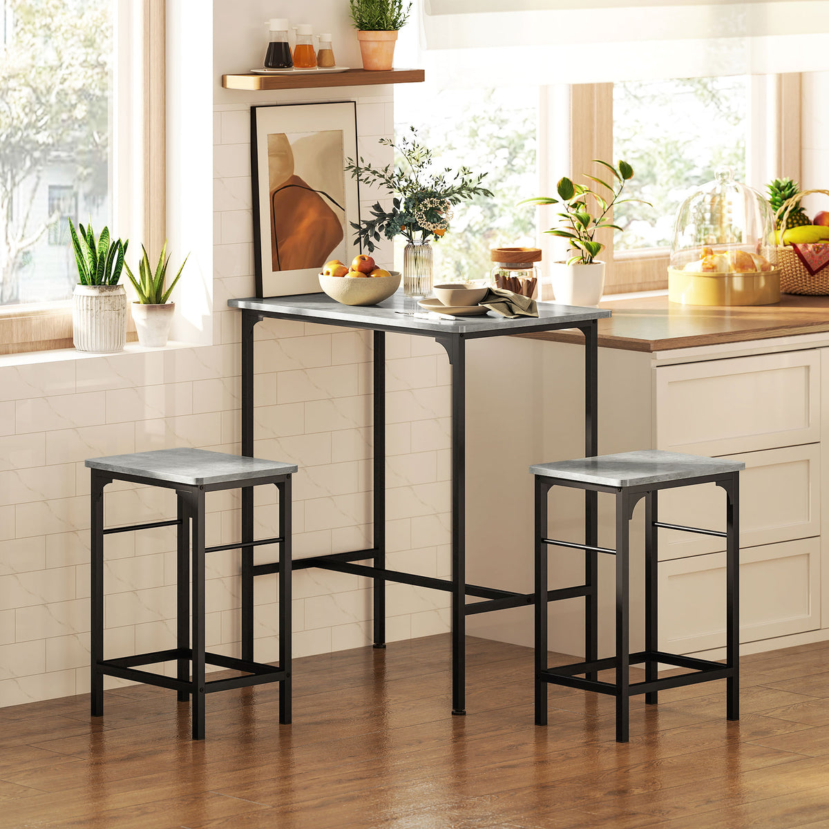 Bartafelset Bartafel met barkrukset eettafel met 2 stoelen met antislipvoetjes grijs (2)