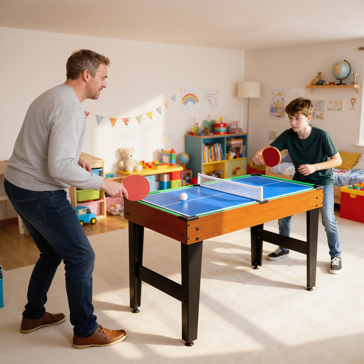 5-in-1 multi-speltafel, 53 accessoires, tafelvoetbal, airhockey, tafeltennis, biljart, basketbal, walnoot (2)