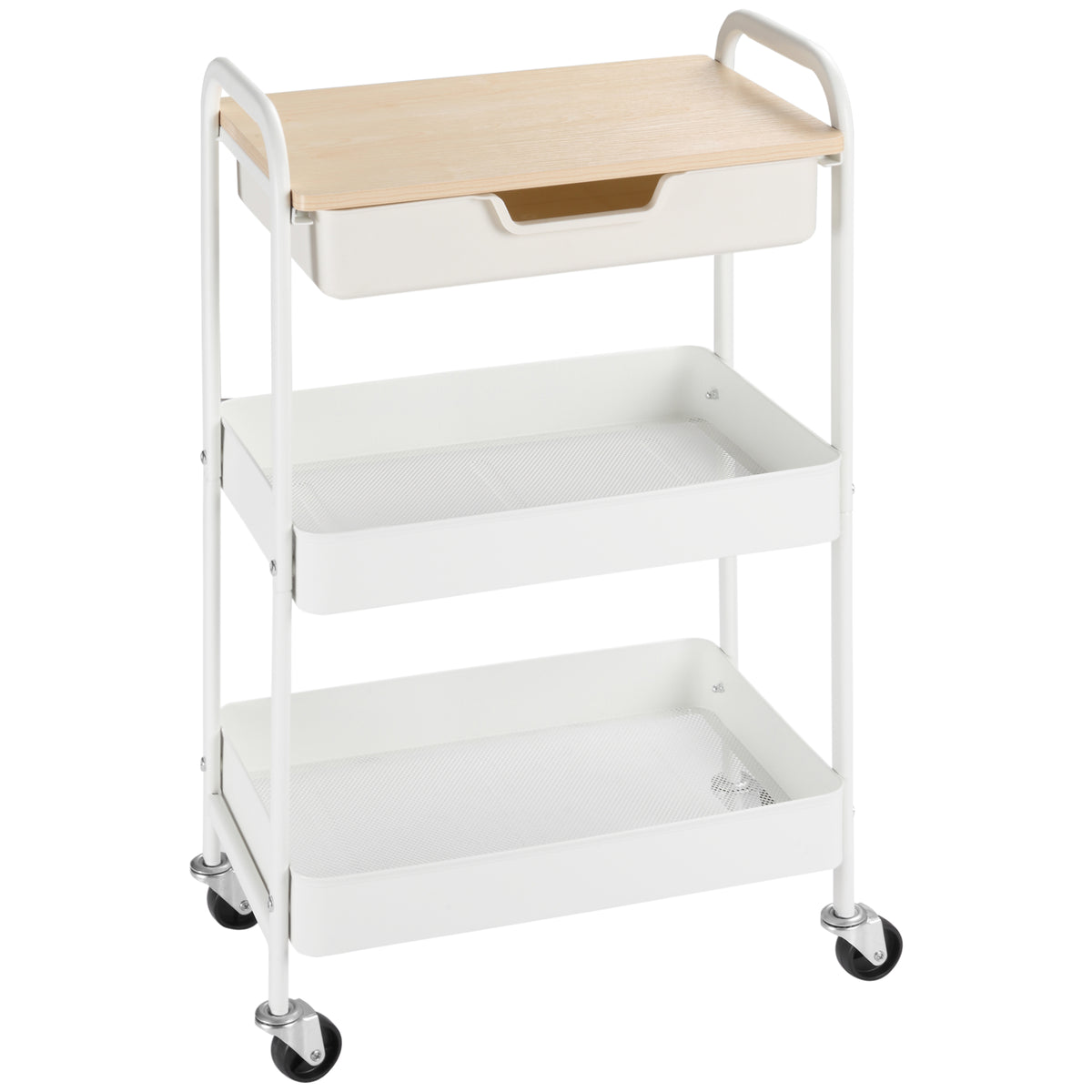 Verrijdbare keukenwagen, 2 planken, lade, opbergblad, 4 wielen, handgrepen, staal, wit
