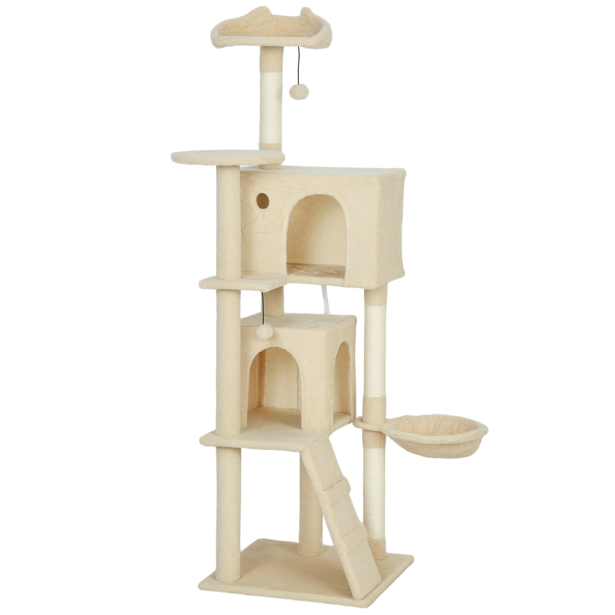Krabpaal 160 cm kattentoren met hangmat, ladder, grot, 2 pluche balletjes, sisalstammen, 48 x 48 x 160 cm, beige