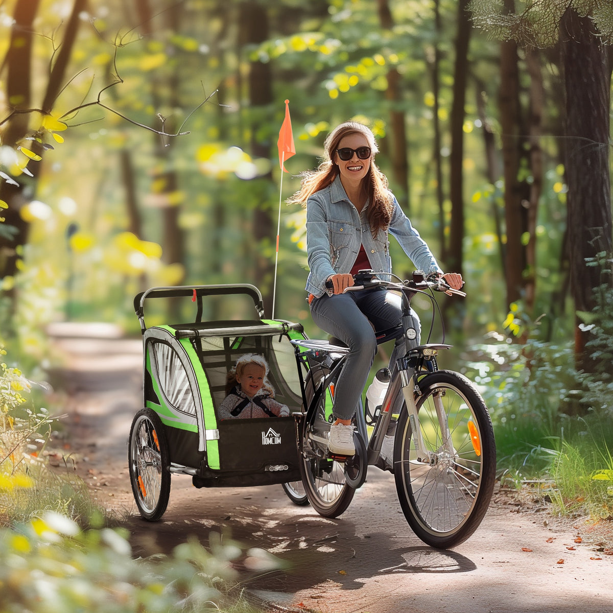 2-in-1 fietsaanhanger voor 2 kinderen, duwfunctie, regenhoes, rem, groen (2)