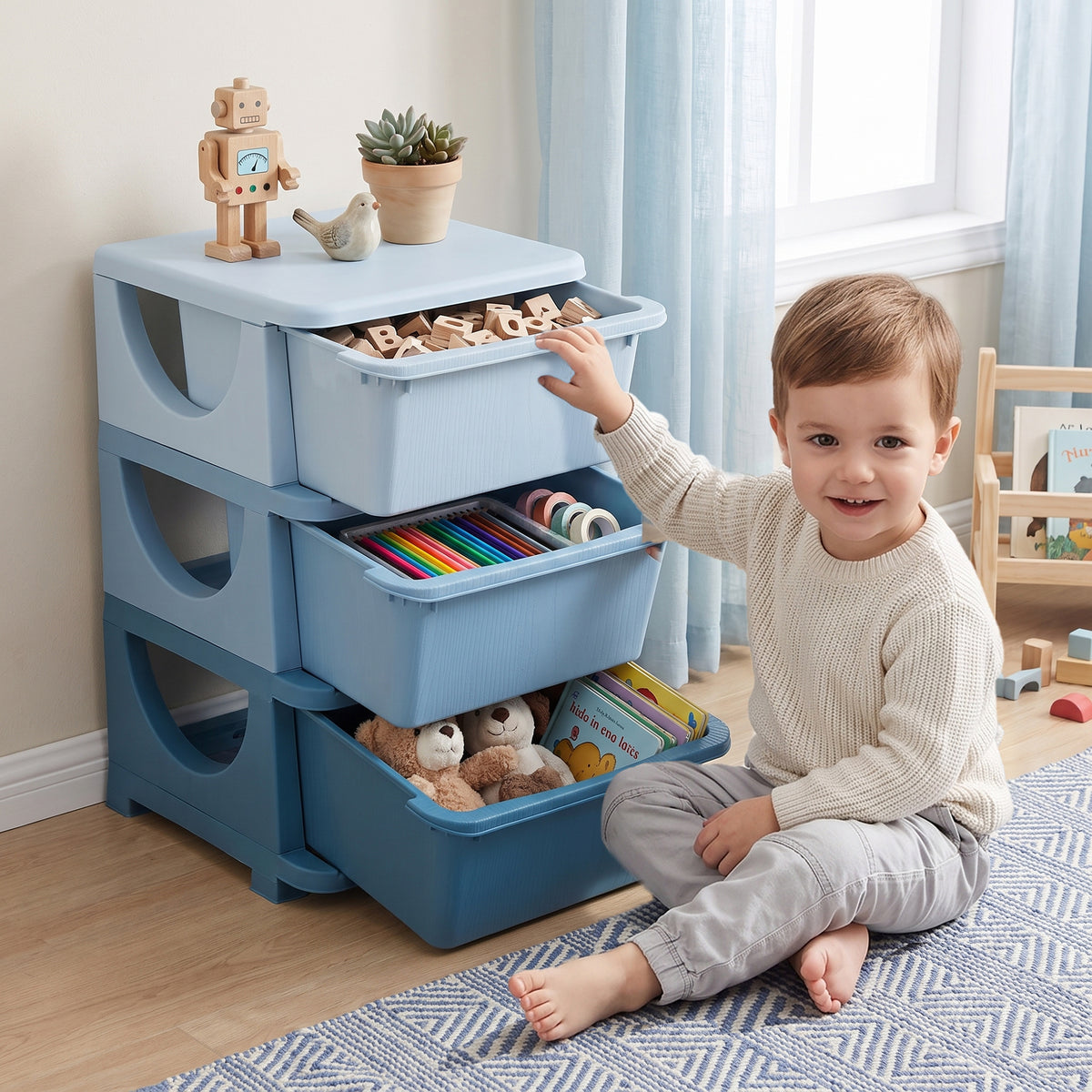 Opbergboxen voor kinderen, 3 lades, afgeronde randen, verhoogd ontwerp, 37x37x56,5 cm, blauw (2)