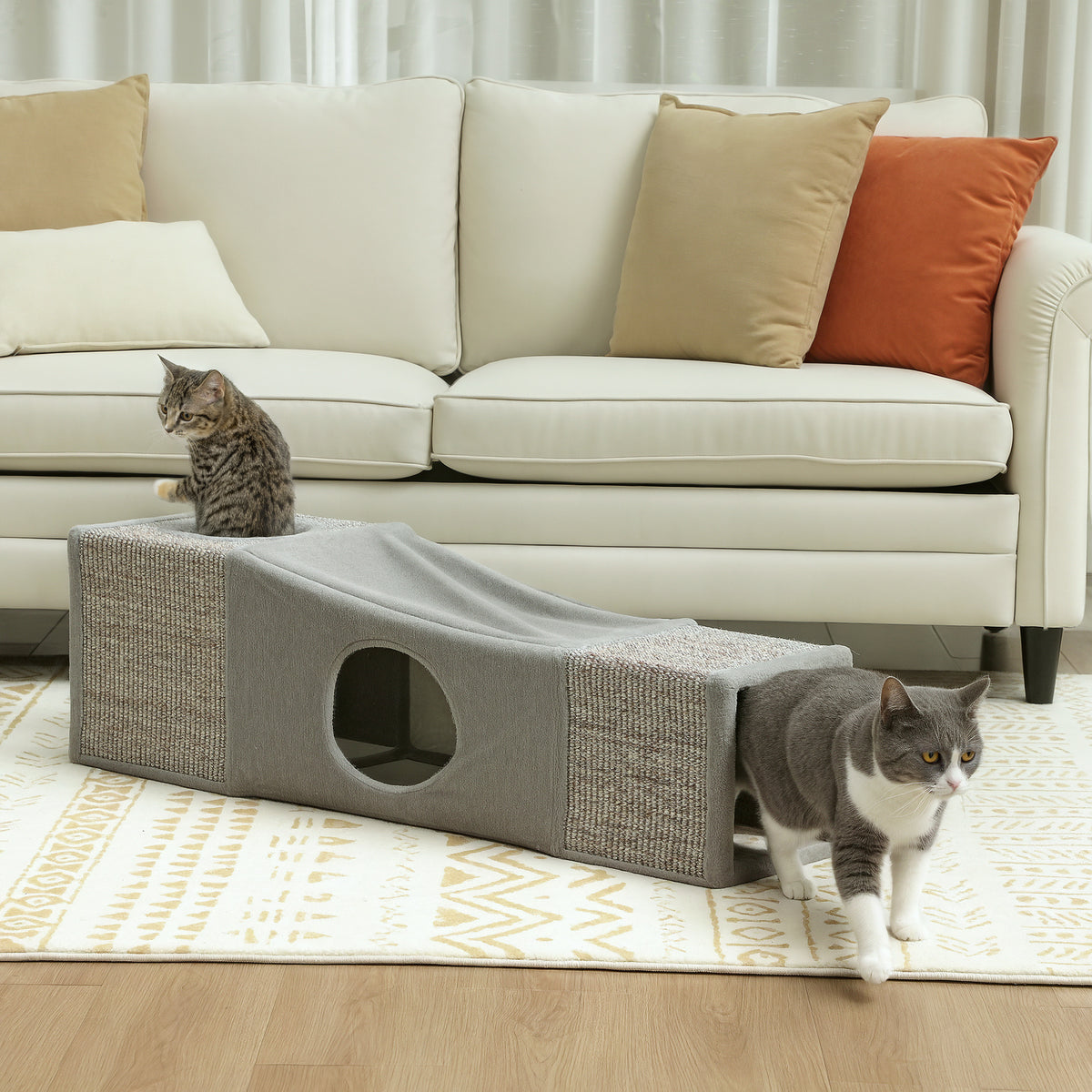Kattentunnel, 2 kattenholen, kraboppervlakken en balspeelgoed, 98 cm x 30 cm x 30 cm, bruin + grijs (2)
