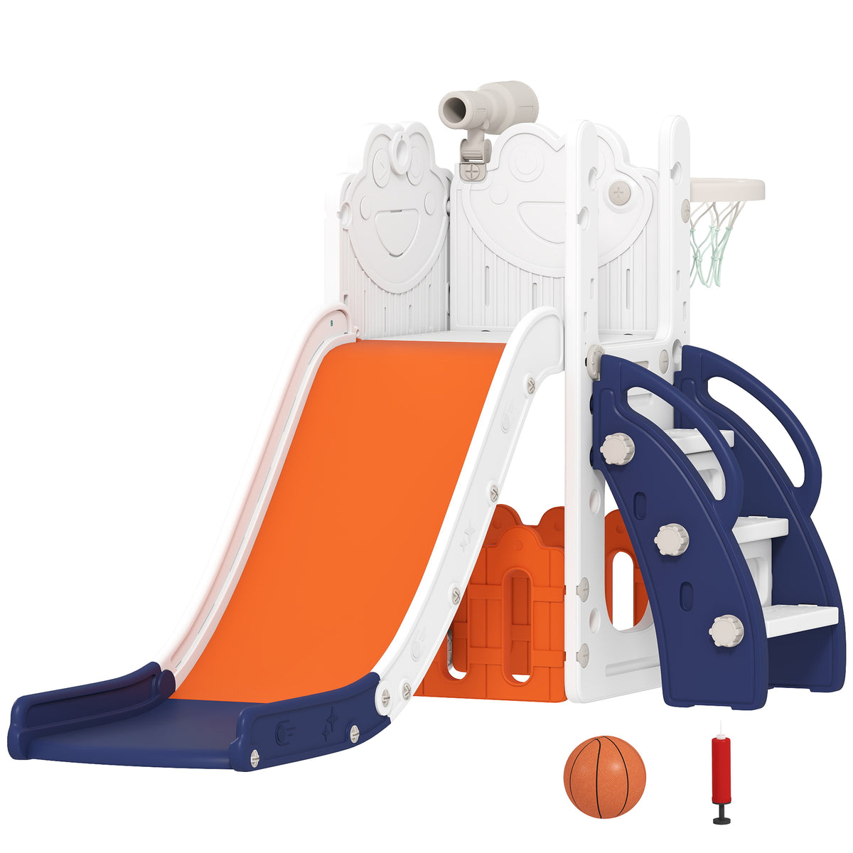 5-in-1 kinderglijbaanset, telescoop, basketbalring, kunststof, oranje+donkerblauw