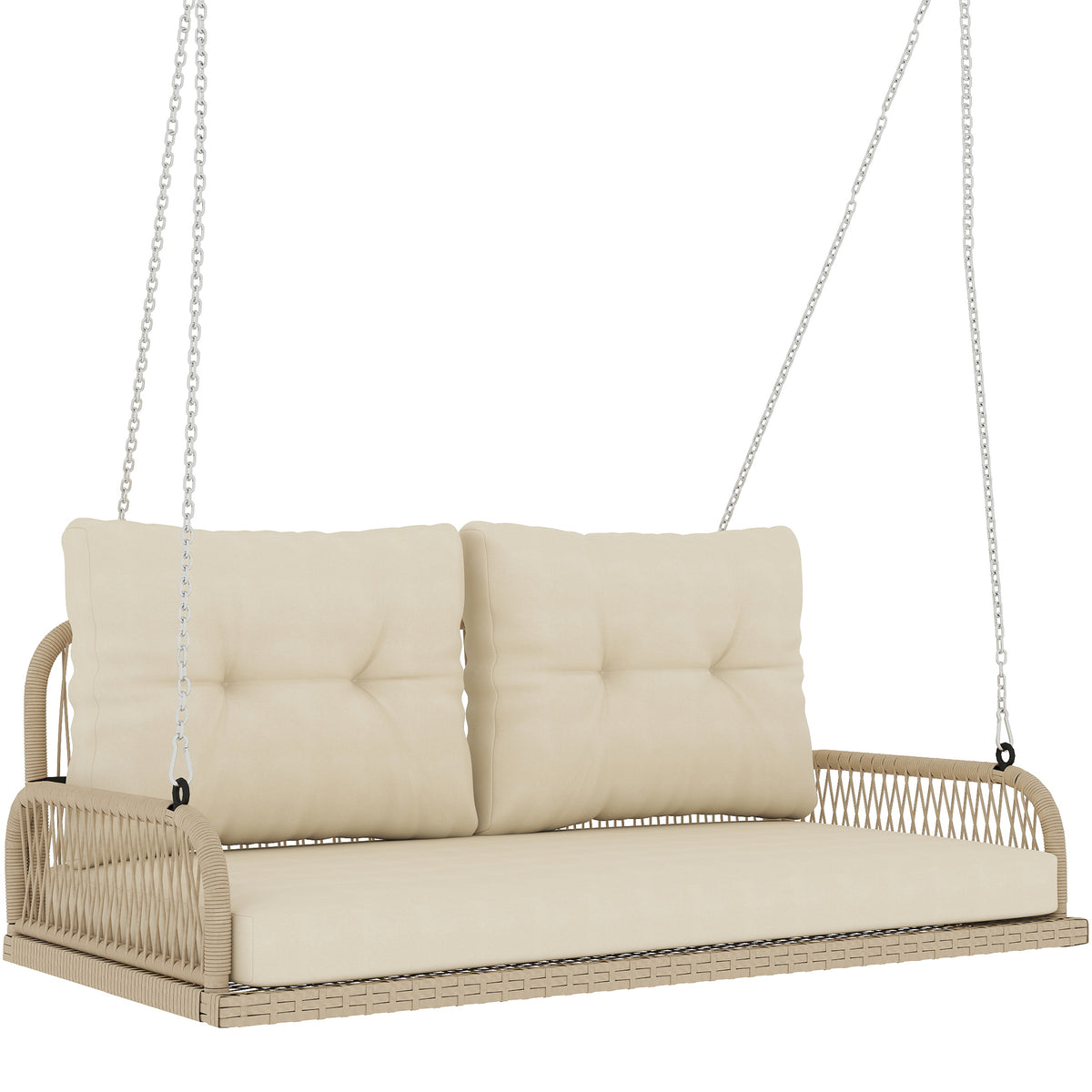 Hollywoodschommel 2-zits rotan tuinbank met kussens kettingen tot 240 kg 115 x 66 x 44 cm beige