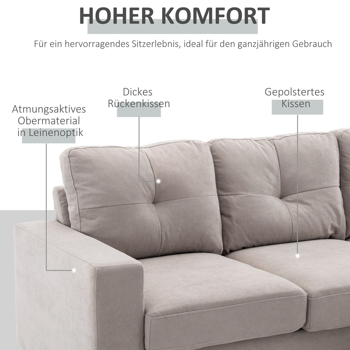 3-zits hoekbank, linnenlook, omkeerbare chaise longue, 193x136x85 cm, lichtgrijs (4)