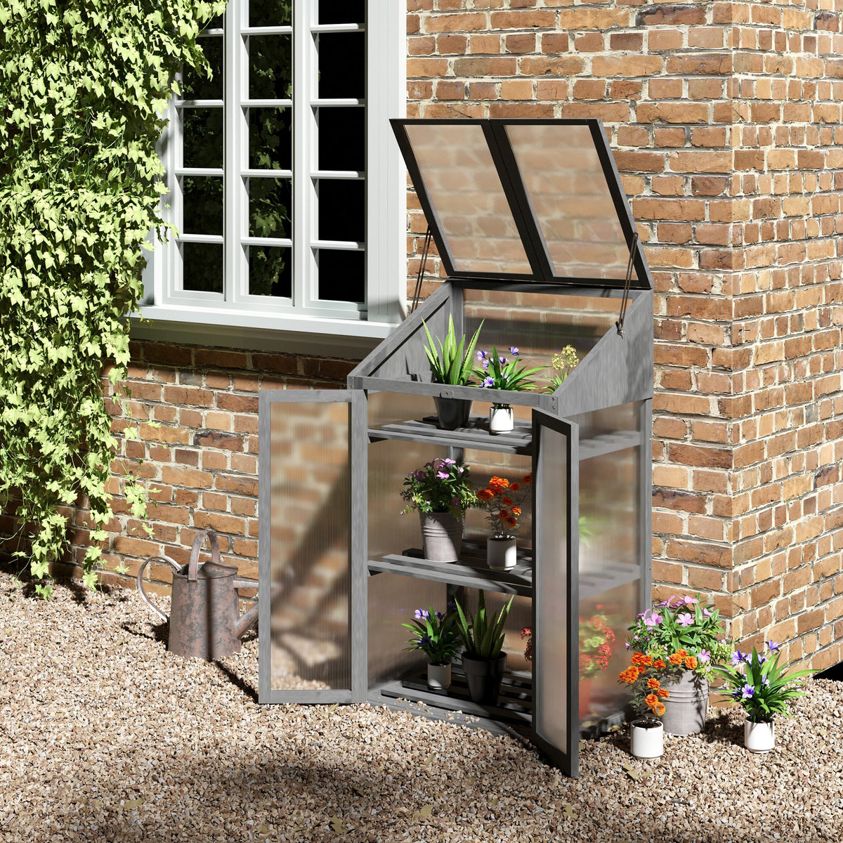 Mini-kas, kleine broeikas met houten frame, ramen en dubbele deur, 3 planken, 70L x 50B x 120H cm, grijs (2)