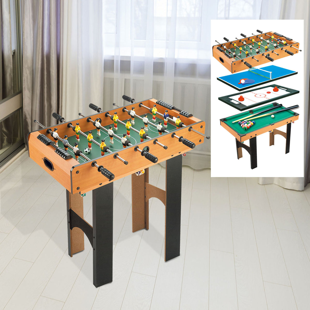 2-in-1 minitafelvoetbal, 4-in-1 speeltafel, compact, incl. spelaccessoires, 92 x 78 x 80 cm (2)