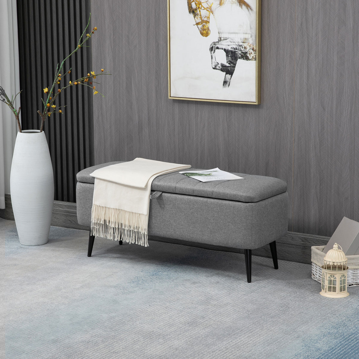 Opbergbank met opbergruimte, gestoffeerde bank met linnenlook, zitkist met stalen poten 102 x 40 x 44 cm, grijs (2)