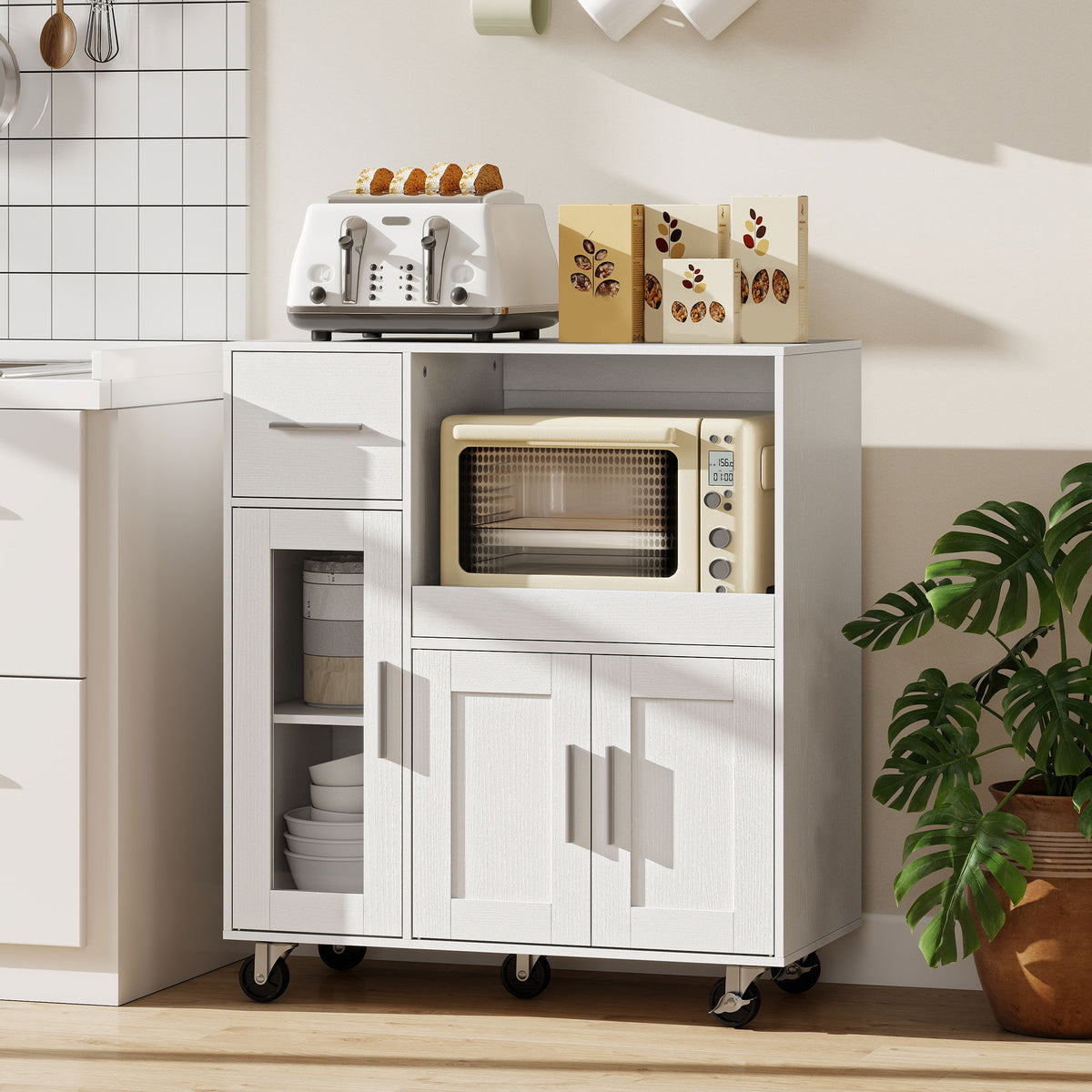 Keukenkast op wielen, mobiele keukencommode met legplanken, lades, verstelbare plank, kabelgat, wit (2)