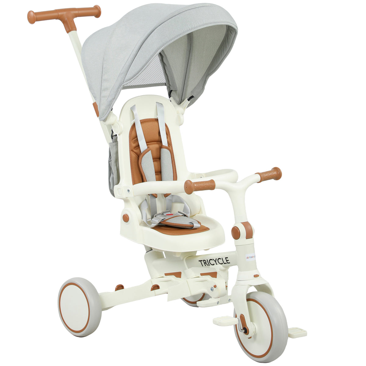 Kinderdriewieler, converteerbare kinderwagen, 5-in-1 ontwerp, afneembare duwstang, verstelbaar