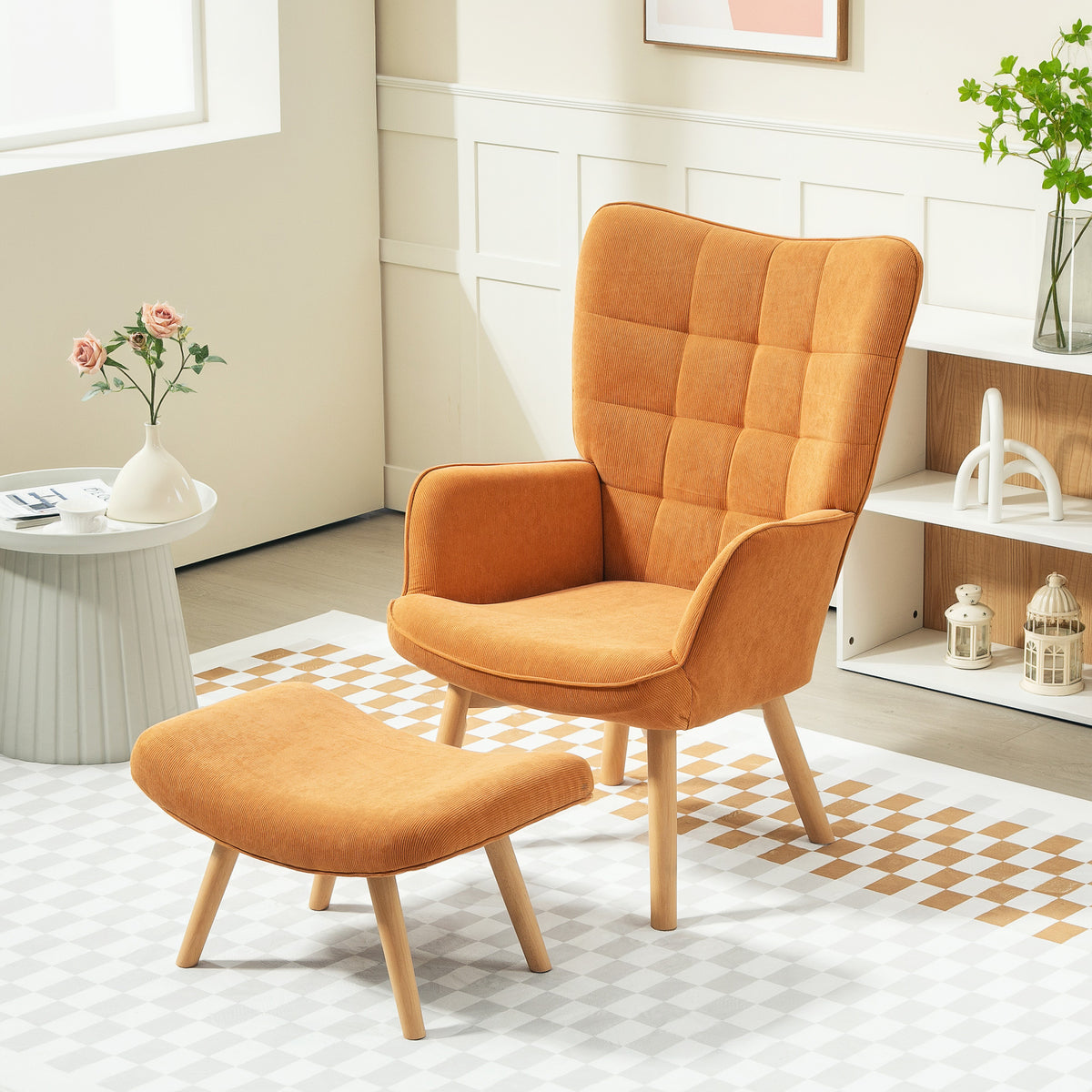 Accentfauteuil met hocker, relaxfauteuil in corduroy-look, leunstoel met houten poten, voor woonkamer, bruin (2)