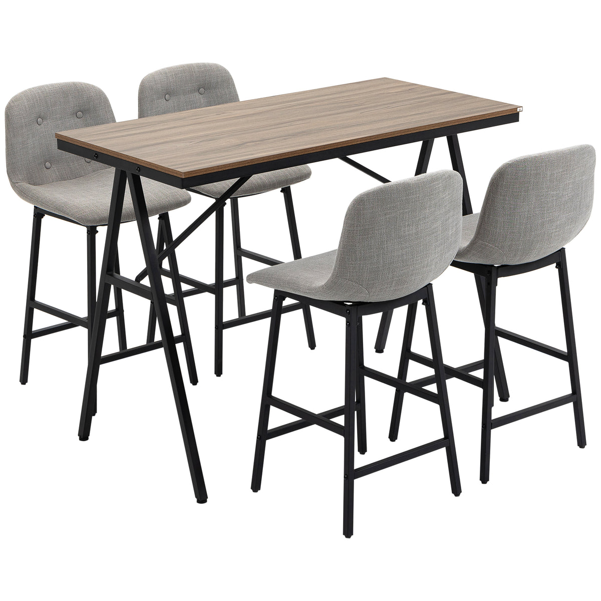 Bartafel met barkrukken in industrieel design, knoopstoffering, 120 cm x 60 cm x 91 cm, lichtgrijs