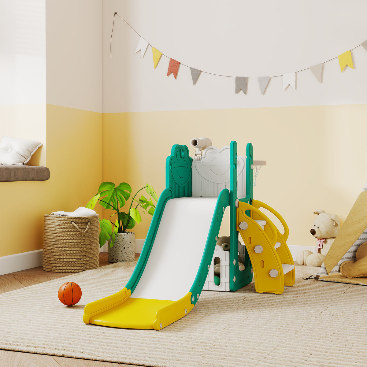5-in-1 kinderglijbaanset, telescoop, basketbalring, kunststof, geel+groen (2)